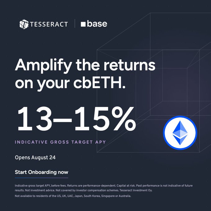 An advertisement from Tesseract and Base promoting "Amplify the returns on your cbETH" with a 13-15% indicative gross target APY, opening August 24.