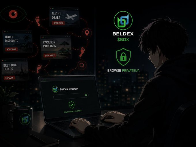 An anime-style character sits at a laptop displaying the "Beldex Browser" interface, while floating pop-up ads for "Flight Deals," "Hotel Discounts," "Vacation Packages," and "Best Tour Offers" surround them, visually representing how search activity leads to pervasive ad tracking. The Beldex ($BDX) logo and "Browse Privately" shield graphic appear in the background, illustrating the post's point about online privacy and how the browser offers a solution to being followed by ads after a single search.