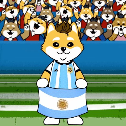 llorco, the mascot of Argentina, holds a blue and white flag on a soccer field with a crowd of spectators behind him.