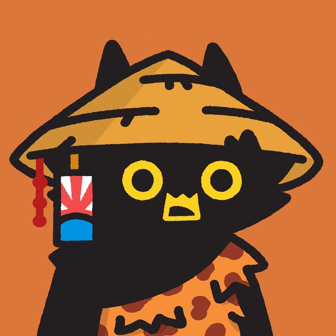 A cartoon black cat wearing a conical Asian hat holds a small item with a Japanese rising sun design, set against an orange background.