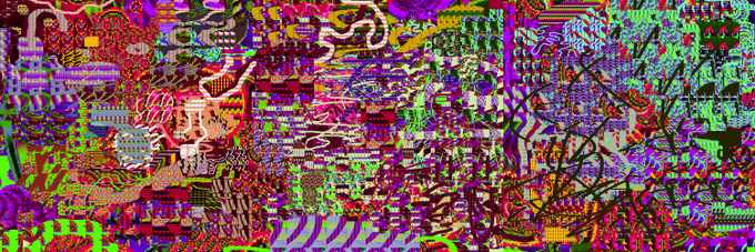 A chaotic, colorful digital image composed of densely packed pixelated patterns, abstract shapes, and glitch-like textures in vibrant magenta, green, orange, and black tones.