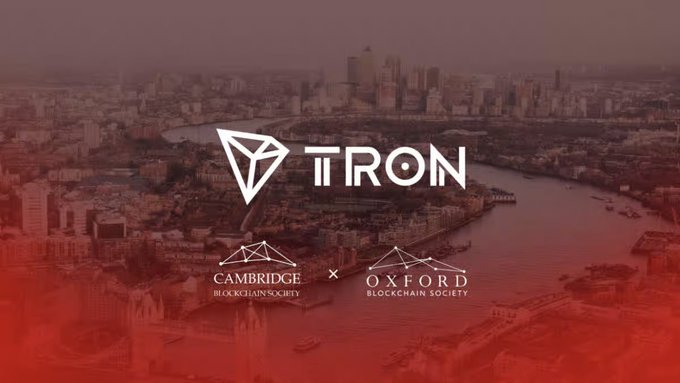 A red-tinted aerial view of London is overlaid with the TRON logo and “TRON,” alongside the logos and names “Cambridge Blockchain Society × Oxford Blockchain Society.” The image supports the post by highlighting university blockchain groups at Cambridge and Oxford learning about USDT on TRON for everyday payments.