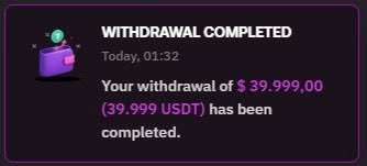 A dark purple notification screen displaying 'WITHDRAWAL COMPLETED' for 39.999 USDT ($39,999.00).