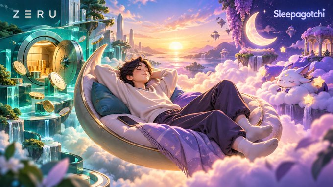 An anime-style illustration with 'ZERU' and 'Sleepagotchi' text shows a character relaxing on a crescent moon cushion surrounded by clouds, coins, and a sleeping creature.