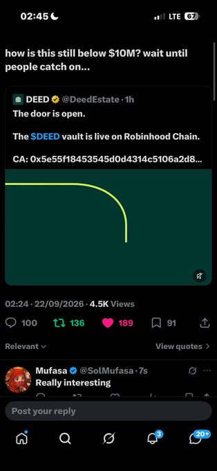 A screenshot of a Twitter/X post by @DeedEstate announcing the $DEED vault launch on Robinhood Chain, with a user commenting 'how is this still below $10M? wait until people catch on...' above 4.5K views.