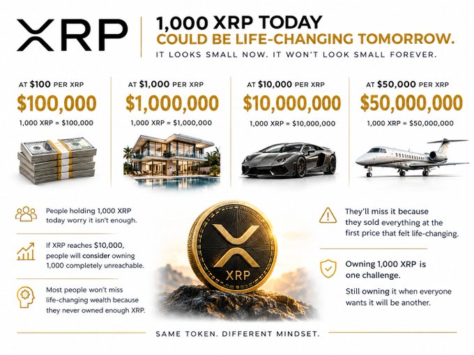 The image is a promotional infographic for $XRP titled "1,000 XRP TODAY COULD BE LIFE-CHANGING TOMORROW," illustrating how 1,000 XRP could be worth $100,000, $1,000,000, $10,000,000, or $50,000,000 at various price points of $100, $1,000, $10,000, and $50,000 per XRP—visually represented by stacks of cash, a mansion, a Lamborghini, and a private jet. It reinforces the post's message by emphasizing the same long-term value projections and motivational tagline "Same token. Different mindset."