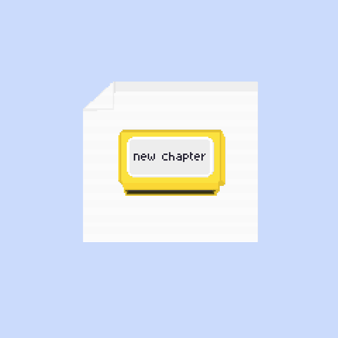 A pixel art icon of a white document with a yellow label reading 'new chapter' against a light blue background.