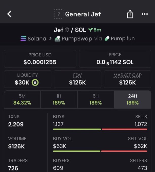 A crypto token tracking interface for 'General Jef' (JEF/SOL) on Solana via PumpSwap and Pump.fun, showing a price of $0.0001255, $30K liquidity, $125K market cap, and 2,209 transactions.