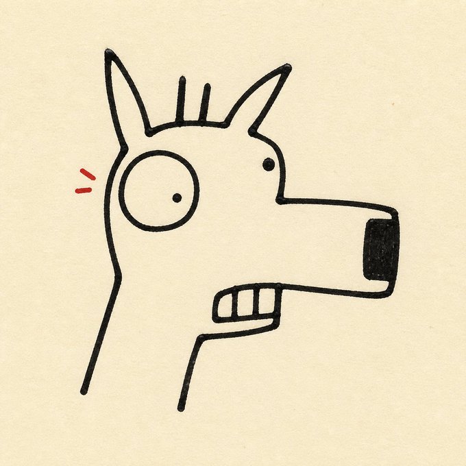 A simple line drawing of a cartoonish dog or wolf head with pointy ears, a large round eye, and an open mouth showing teeth, with small red lines near the cheek.