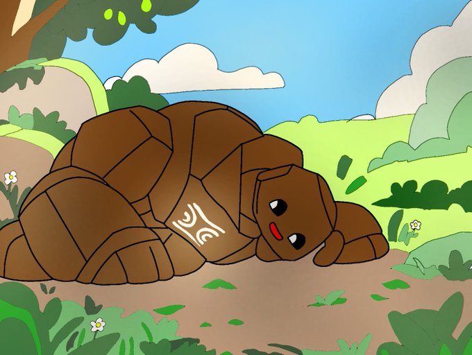 A cartoon illustration shows a brown tortoise-like creature with a white spiral symbol on its shell lying on a grassy path in a green field under a blue sky.