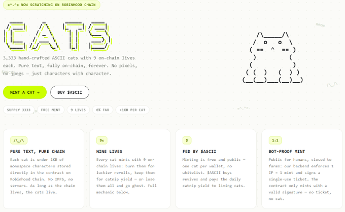 A webpage for 'CATS' on Robinhood Chain, advertising 3,333 hand-crafted ASCII cat NFTs with features like '9 LIVES', '0% TAX', and '<1KB PER CAT'.