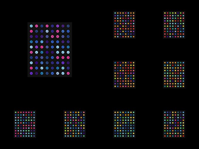 Multiple grids of colorful smiley face emoji stickers are arranged on a black background.