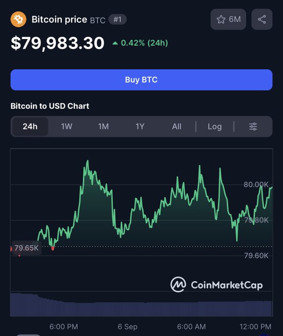 Bitcoin (BTC) price displayed at $79,983.30 (+0.42% 24h) on CoinMarketCap with a 24-hour price chart showing fluctuations around the $79,800-$80,000 levels.