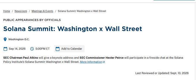 A webpage screenshot announcing the 'Solana Summit: Washington x Wall Street' public appearance, scheduled for Sep 14, 2026, in Washington D.C.