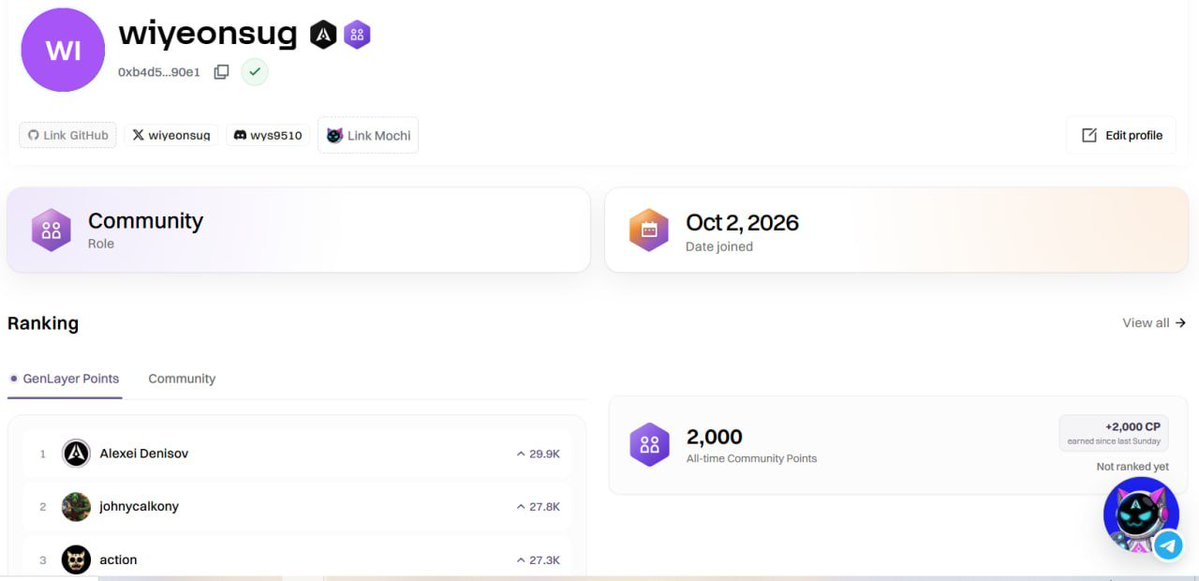 A profile page screenshot showing user 'wiyeonsug' with a Community role, a join date of Oct 2, 2026, and 2,000 all-time Community Points, alongside a GenLayer Points ranking list topped by Alexei Denisov.