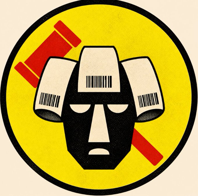 A circular yellow graphic featuring a stylized black tribal mask with barcode-like markings, with a red gavel behind it.