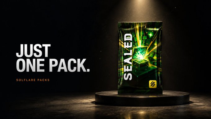 A dramatic product ad for 'SOLFLARE PACKS' with the tagline 'JUST ONE PACK,' showing a glowing green sealed booster pack on a pedestal.