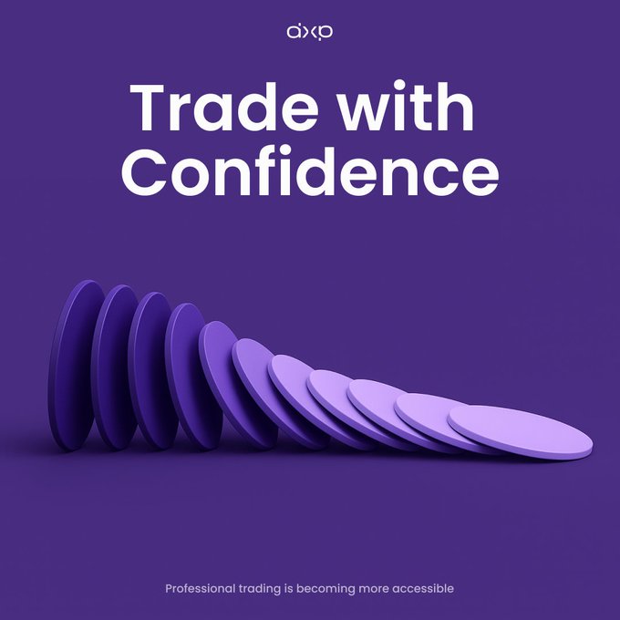 This is a purple advertisement featuring a graphic design with twelve circles arranged in descending order, which creates an impression of falling dominoes. The caption on the poster reads "Trade with Confidence", indicating that the company specializes in professional trading services for institutional investors. The image highlights how DeXRP's infrastructure can provide greater confidence and ease to traders through real-time data and advanced trading strategies.