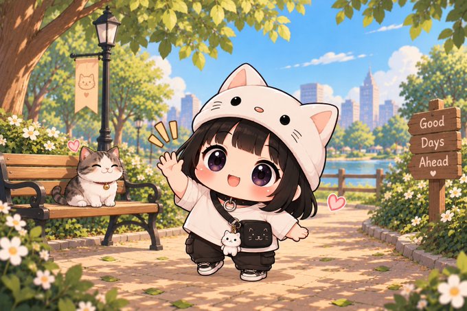 A cute chibi-style illustration of a girl wearing a cat-ear hood and black pants standing in a park setting with a sleeping cat on a bench, flowers, a lamppost, and a "Good Days Ahead" sign.