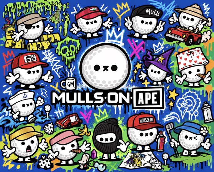 A vibrant, graffiti-style promotional image for 'MULLS ON APE' featuring multiple cartoon golf ball characters dressed in various outfits and poses, set against a chaotic blue background with crowns, stars, and street art elements.