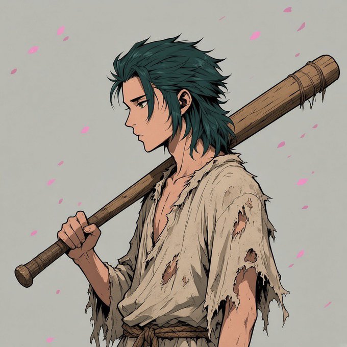 An anime-style illustration of a young man with messy green hair, wearing a tattered beige tunic and carrying a large wooden staff on his shoulder, with pink petals floating around him.