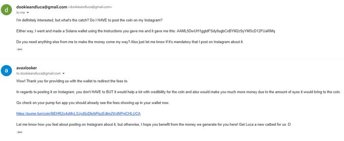 An email exchange where user 'dockieandluca' asks if posting about a coin on Instagram is mandatory, and 'avaxlooker' replies that it is not but would help with credibility, providing a Solana wallet address for fee redirection.
