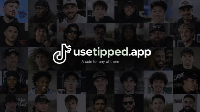 The image is a promotional graphic for **usetipped.app**, featuring the TikTok logo alongside the tagline "A coin for any of them," set against a collage grid of various TikTok creators' faces. 

This ties directly to the post's message about TikTok onboarding a new generation of memecoin traders—Tipped serves as the platform bridging these TikTok creators and communities directly to the tokens they promote, as hinted by the caption "Pair a token..."
