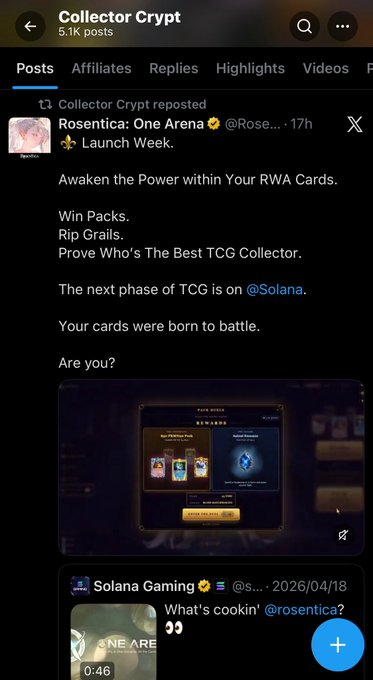 The image shows a social media app with a post about collector's cryptos. The post includes a screenshot of a postcard game called "RWA Cards" that can be used for battles or won card packs, depending on the application being used. The post also mentions that the first on-chain application for TCG, One Arena, supports this feature and is scheduled to go live this week.