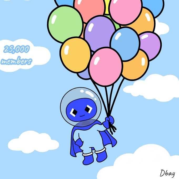 A cartoon illustration of a blue astronaut floating in a sky with clouds, holding a bunch of colorful balloons, with text reading '25,000 members' and signed 'Dbay'.