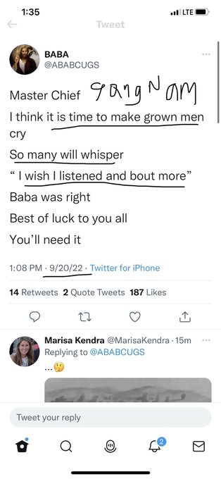 A screenshot of a tweet by 'BABA (@ABABCUGS)' referencing 'Master Chief' and 'Raignom,' suggesting it's time to 'make grown men cry' and warning about FOMO buying.