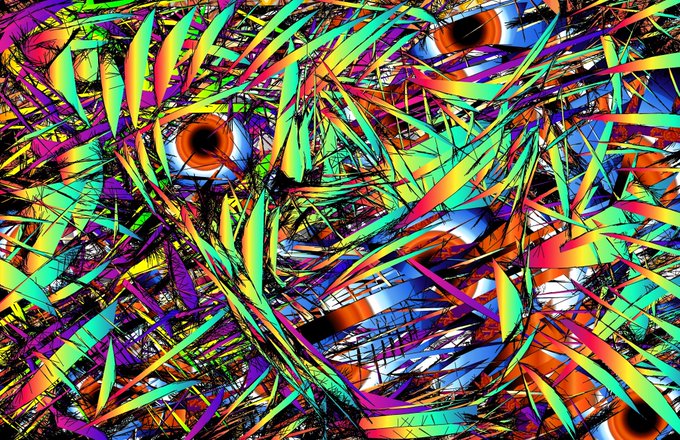 A vibrant, chaotic digital artwork featuring an eye-like face surrounded by sharp, colorful geometric shards in neon green, orange, purple, and blue.