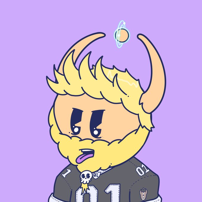 An illustration of a blonde, horned cartoon character with a beard wearing a dark jersey featuring the number 01 and a skull emblem on the collar.