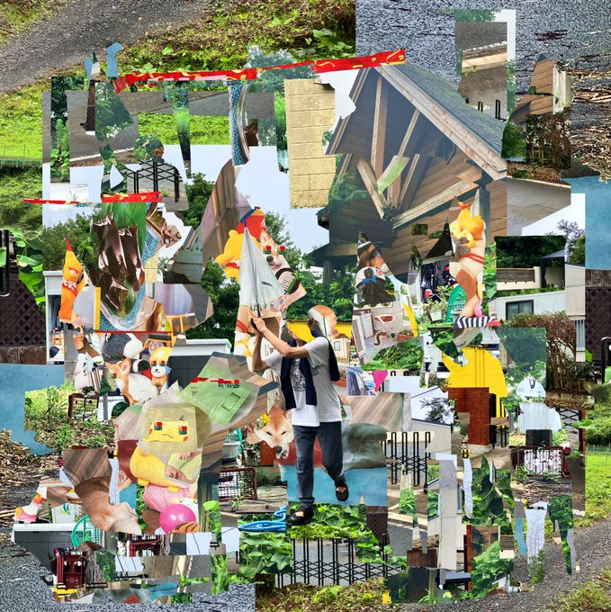 A chaotic digital collage artwork featuring fragmented images of a person, corgi dogs, Pikachu, houses, gardens, and various other elements mashed together.