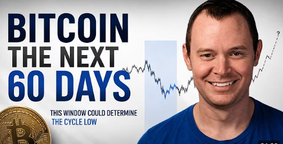 A thumbnail featuring large blue text reading "BITCOIN THE NEXT 60 DAYS" alongside the subtitle "THIS WINDOW COULD DETERMINE THE CYCLE LOW," with a smiling man in a blue shirt on the right and a price chart and Bitcoin logo in the background, illustrating a video about Bitcoin's critical upcoming 60-day period.