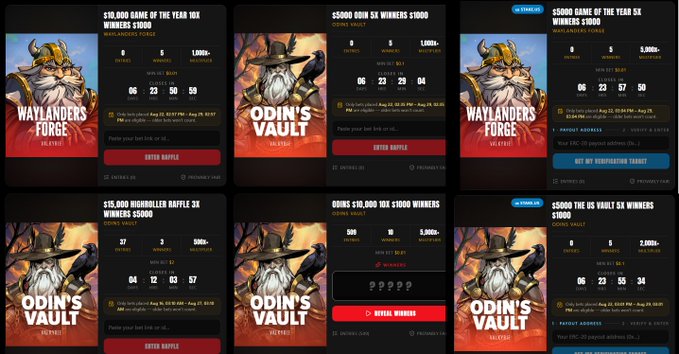 A grid of six raffle tiles from Valkyrie Studio's website displays ongoing prize draws—including "$10,000 Game of the Year 10x Winners $1000," "$5000 Odin 5x Winners $1000," and "$5000 Game of the Year 5x Winners $1000"—along with countdown timers and entry buttons, promoting the raffle system where users can submit their Lucky BetIDs.