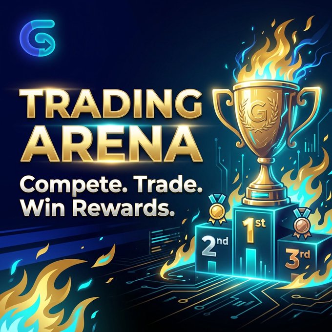 The image is a promotional graphic featuring a flaming gold trophy on a podium marked "1st," "2nd," and "3rd," with the text "TRADING ARENA - Compete. Trade. Win Rewards." and a "G" logo in the corner, visually reinforcing the post's invitation to join the GIDIPEX Trading Contest for a chance to win rewards with a $10,000 funded account.