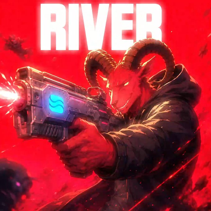 The image portrays a man dressed as a character resembling a ram, holding an electronic device that looks like a gun. He is also wearing a jacket with a blue logo on it. The man appears to be focused on something off-camera or is making a statement related to the "RIVER" game title displayed above him.