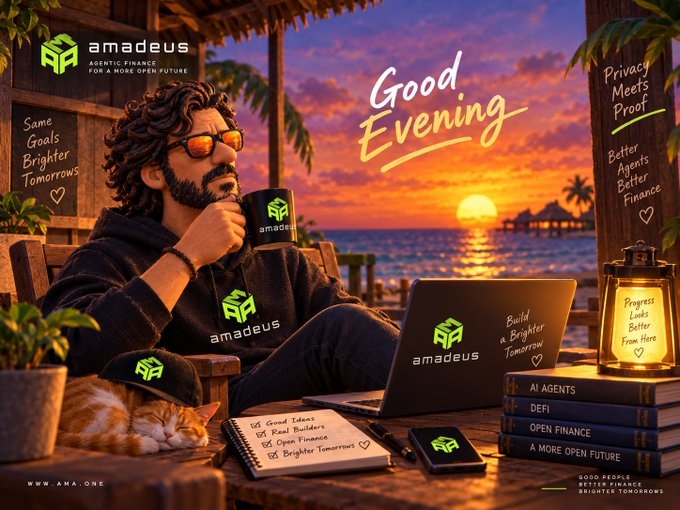 An advertisement for 'Amadeus Agentic Finance' shows a bearded man in sunglasses drinking from a branded mug at a seaside sunset setup with a cat, laptop, and books labeled 'AI Agents,' 'DeFi,' and 'Open Finance'.