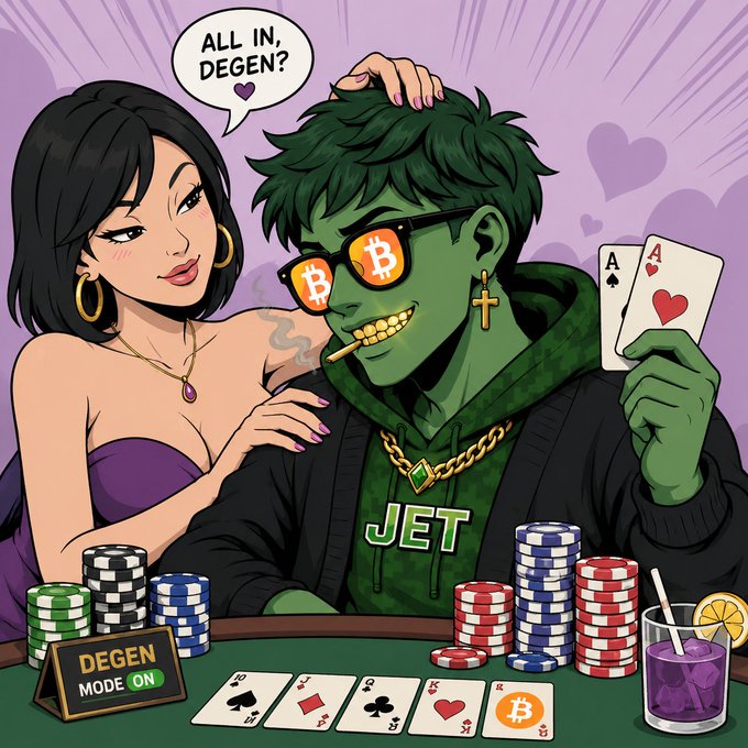 A cartoon illustration of a green-skinned character wearing Bitcoin sunglasses and a 'JET' shirt playing poker with pocket aces, while a woman says 'ALL IN, DEGEN?' with a 'DEGEN MODE ON' sign on the table.
