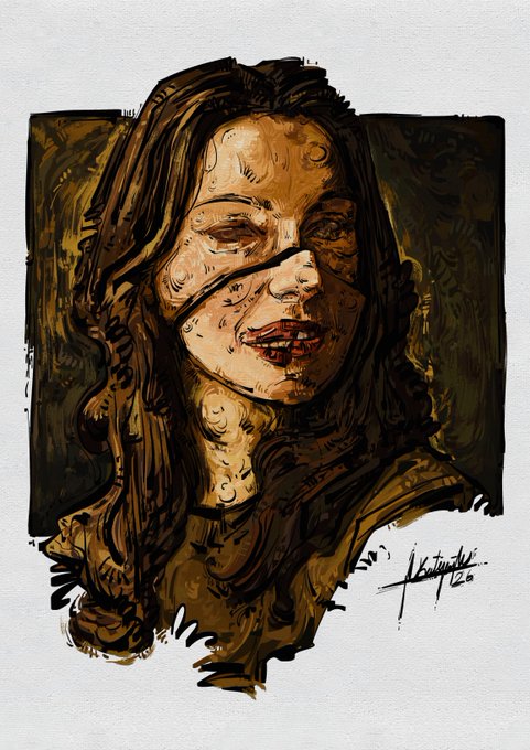 A stylized digital painting or illustration of a woman with long brown hair and freckles, her face partially cast in darkness, signed by the artist.