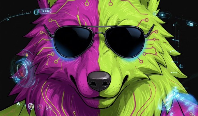 A digital illustration of a dog's face split into magenta and lime green halves, wearing black sunglasses with circuit-like patterns overlaid.