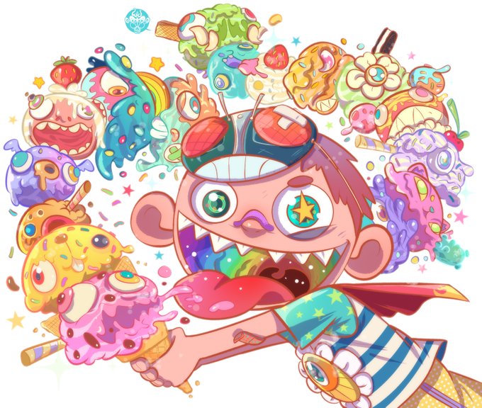 A colorful cartoon illustration of a wide-mouthed character with star-shaped pupils wearing sunglasses, surrounded by various whimsical ice cream and dessert monsters.