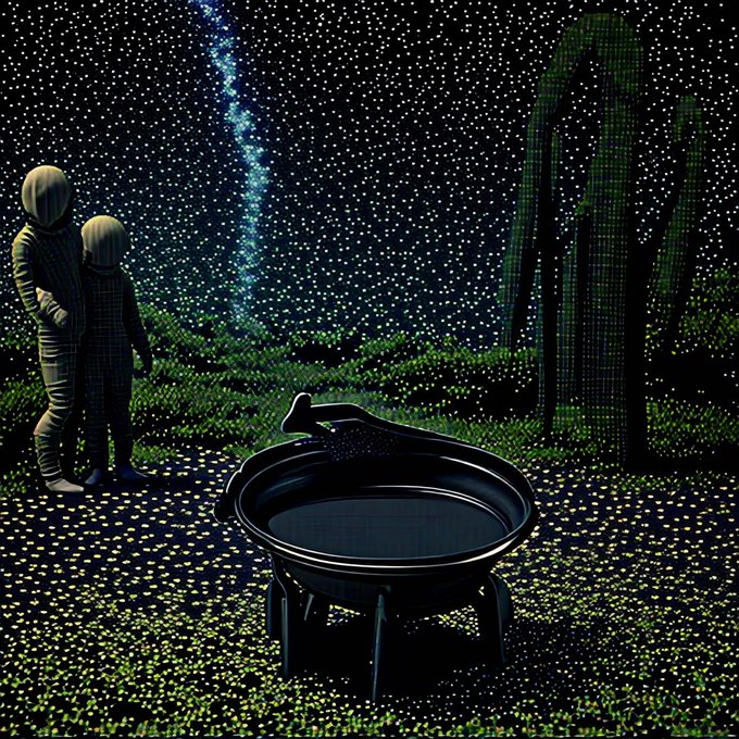 A surreal digital artwork depicting two hooded figures in a starry field with a large black cauldron in the foreground, set against a dark landscape with a column of stars and a green grid-like figure.
