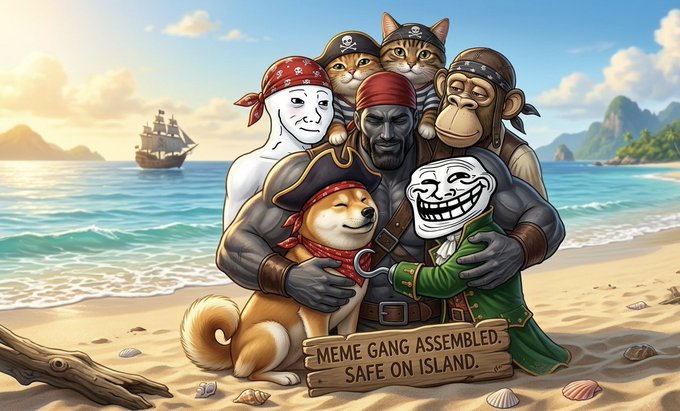 The image depicts a group of classic internet meme characters—including Doge, Trollface, Pepe, Wojak, Cheems, and others—dressed as pirates gathered on a tropical beach with a ship in the background. A wooden sign reads "MEME GANG ASSEMBLED, SAFE ON ISLAND," symbolizing how meme coin communities like $CULT unite their devoted followers into a secure, insular stronghold built on shared internet culture rather than traditional fundamentals.