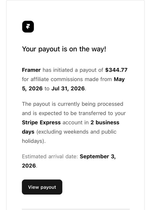 A Framer payout notification confirming a payout of $344.77 for affiliate commissions from May 5, 2026 to July 31, 2026, with an estimated arrival date of September 3, 2026 via Stripe Express.
