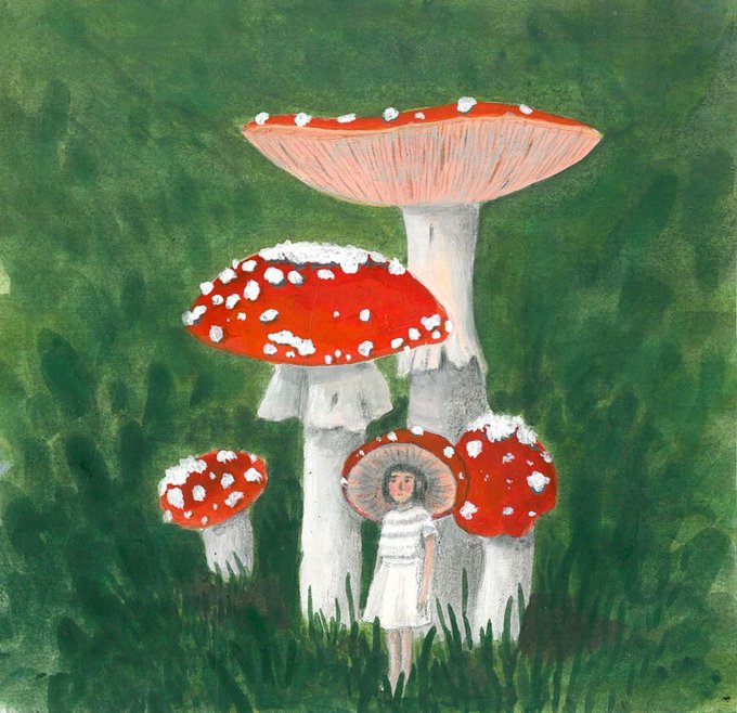 A watercolor painting depicting a young girl in a striped shirt standing among large red mushrooms with white spots against a lush green background.
