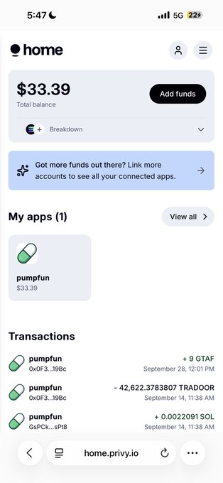 A mobile screenshot of a cryptocurrency wallet app (privy.io) showing a total balance of $33.39, with transactions including +9 GTAF, -42,622.3783807 TRADOOR, and +0.0022091 SOL from the pumpfun app.