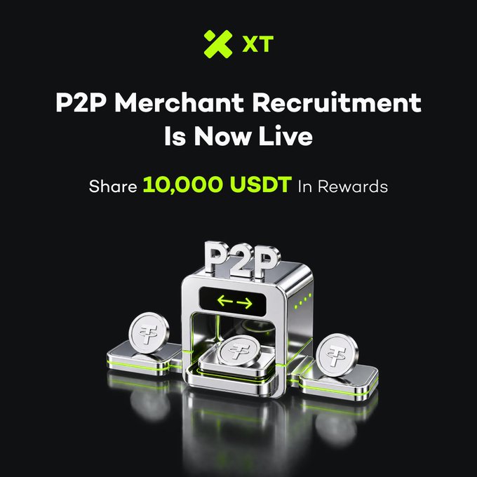 XT P2P Merchant Recruitment advertisement featuring a 3D metallic machine dispensing coins, promoting a 10,000 USDT reward share.