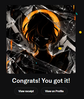 A dark, glitchy digital artwork features a shadowy figure with a glowing orange halo against a fractured background, accompanied by the text "Congrats! You got it!" with "View receipt" and "View on Profile" buttons below. The image celebrates minting a piece by Web3 legend @KRYVON_, as noted in the caption praising the artist's significance to the community.