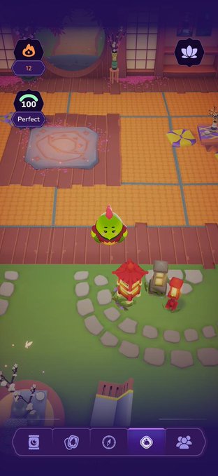 A colorful mobile game screenshot featuring a green character with a hat on a wooden pathway, with combo counter at 100 'Perfect' and UI elements at the bottom.